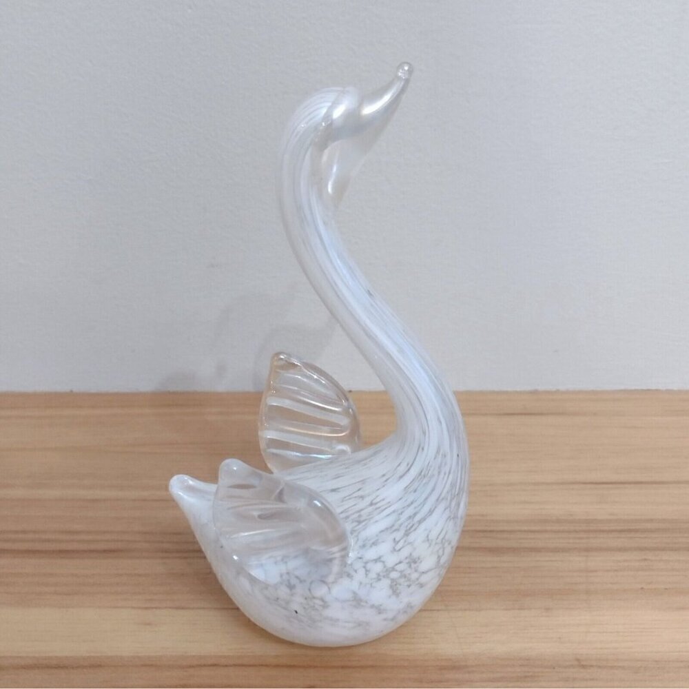 Vintage White Iridescent Lustre Spotted Swan Solid Glass Figurine Paperweight